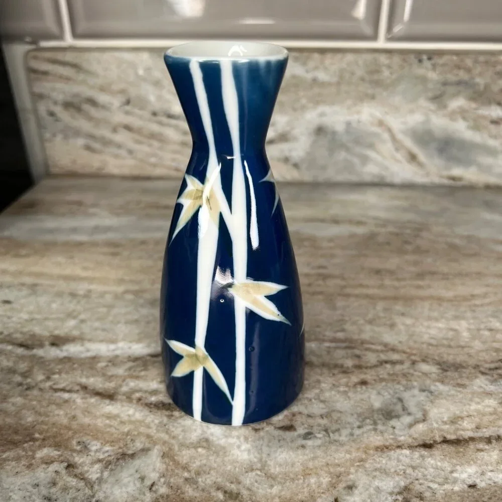 Vintage Takahashi San Francisco Japanese sake flask Vase cobalt blue white